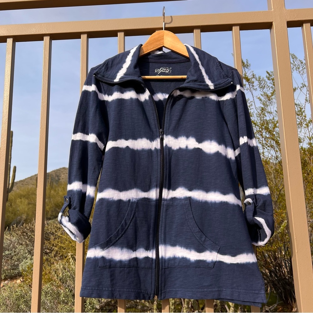 Style & Co Ladies Zipper Sweatshirt NWT 💯% Cotton Jacket PM Blue & White
